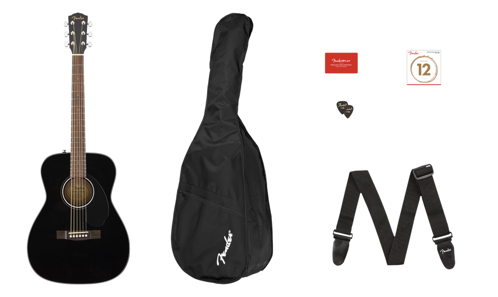 Fender CC-60S Concert Pack V2, Black Solid Top Acoustic Guitar Starter Package