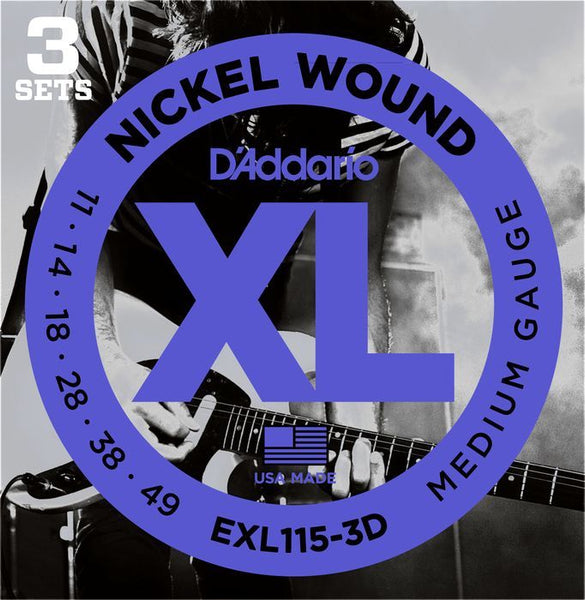 D'Addario 3 Pack EXL Nickel Wound Electric Guitar Strings EXL115-3D Blues Jazz Rock 11-49