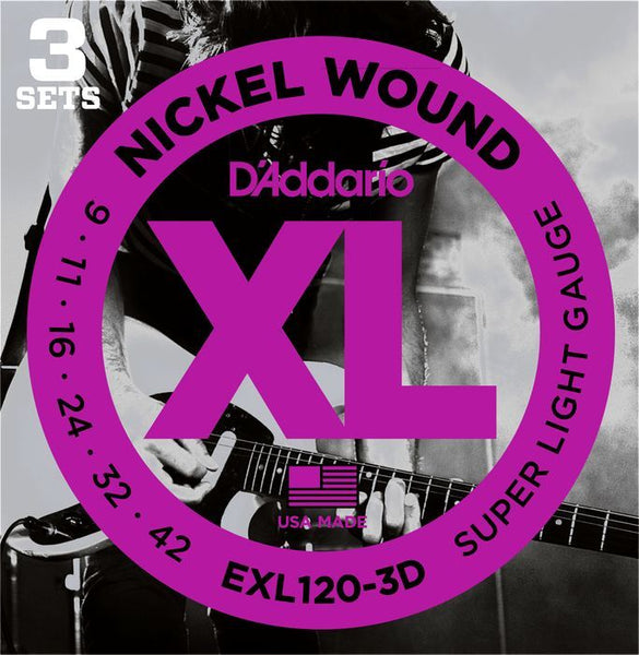 D'Addario 3 Pack EXL Nickel Wound Electric Guitar Strings EXL120-3D Super Light 9-42