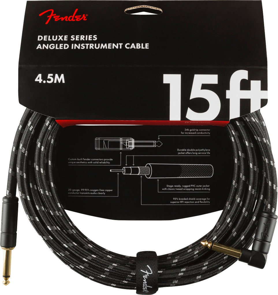 Fender Deluxe Series Instrument Cable, Straight/Angle, 15ft, Black Tweed