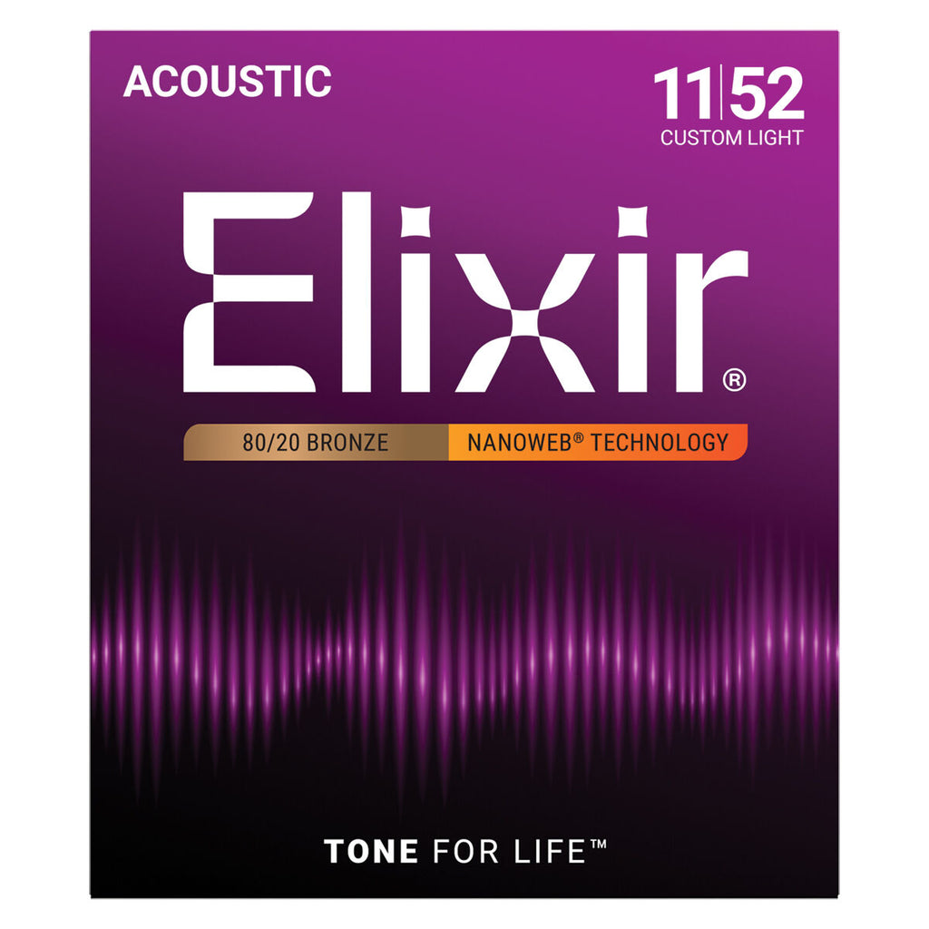 Elixir Nanoweb 11-52 Coated 80/20 Bronze Acoustic Guitar Strings Custom Light