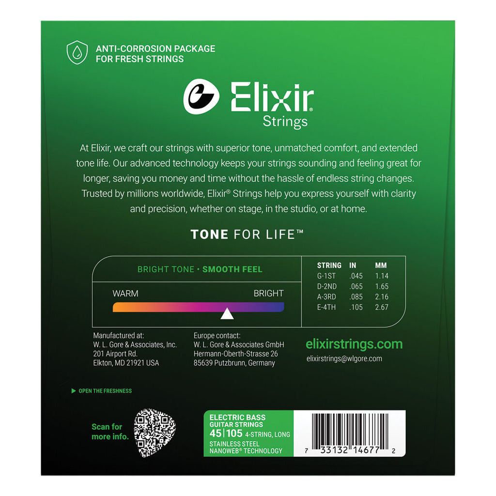 Elixir 45-105 Stainless Steel Nanoweb Coated 4 String Bass Strings Light Medium Long Scale