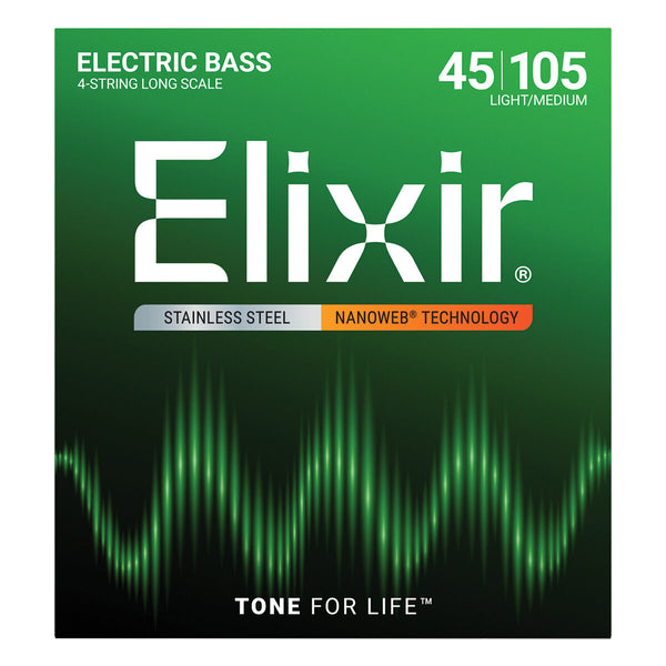 Elixir 45-105 Stainless Steel Nanoweb Coated 4 String Bass Strings Light Medium Long Scale