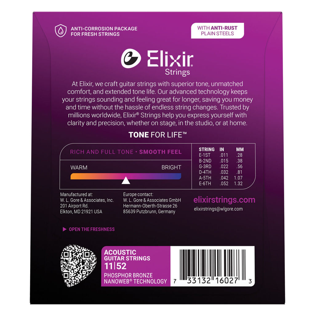 Elixir Nanoweb 11-52 Coated Phosphor Bronze Acoustic Guitar Strings Custom Light
