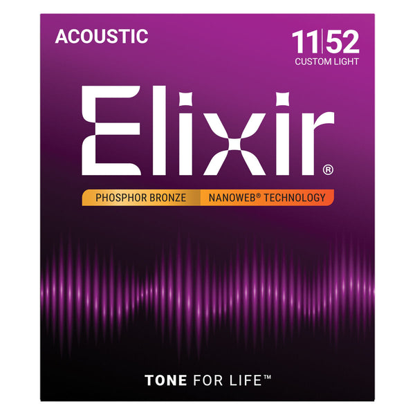 Elixir Nanoweb 11-52 Coated Phosphor Bronze Acoustic Guitar Strings Custom Light