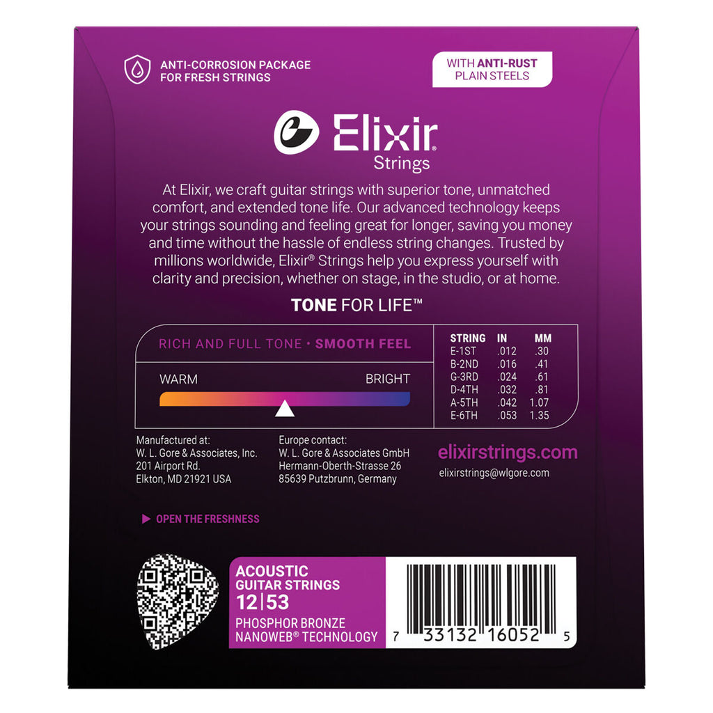 Elixir Nanoweb 12-53 Coated Phosphor Bronze Acoustic Guitar Strings Light