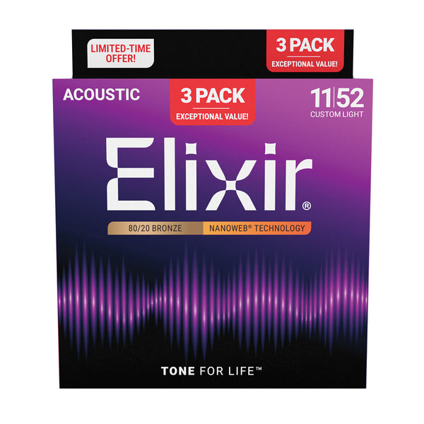 Elixir 16538 Nanoweb 80/20 11-52 3 Pack Custom Light