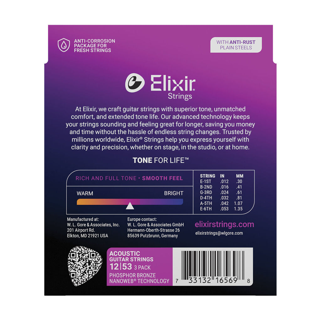 Elixir 16545 Nanoweb Phosphor Bronze 12-53 3 Pack Light