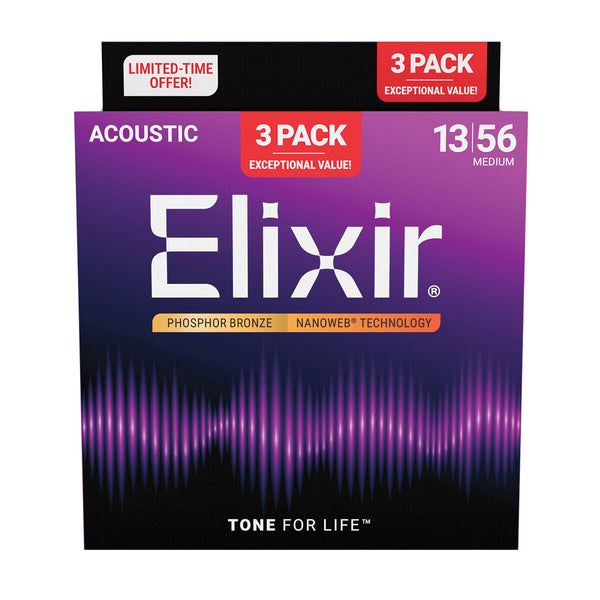 Elixir 16546 Nanoweb Phosphor Bronze 13 - 56 3 Pack Medium