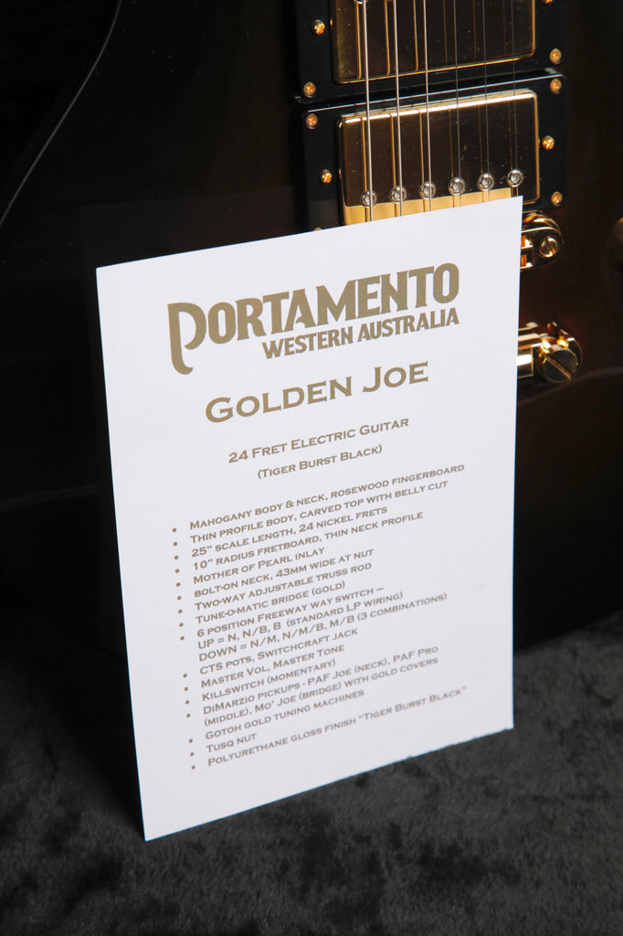 Portamento Golden Joe Tiger Burst Black Electric Guitar Made in WA