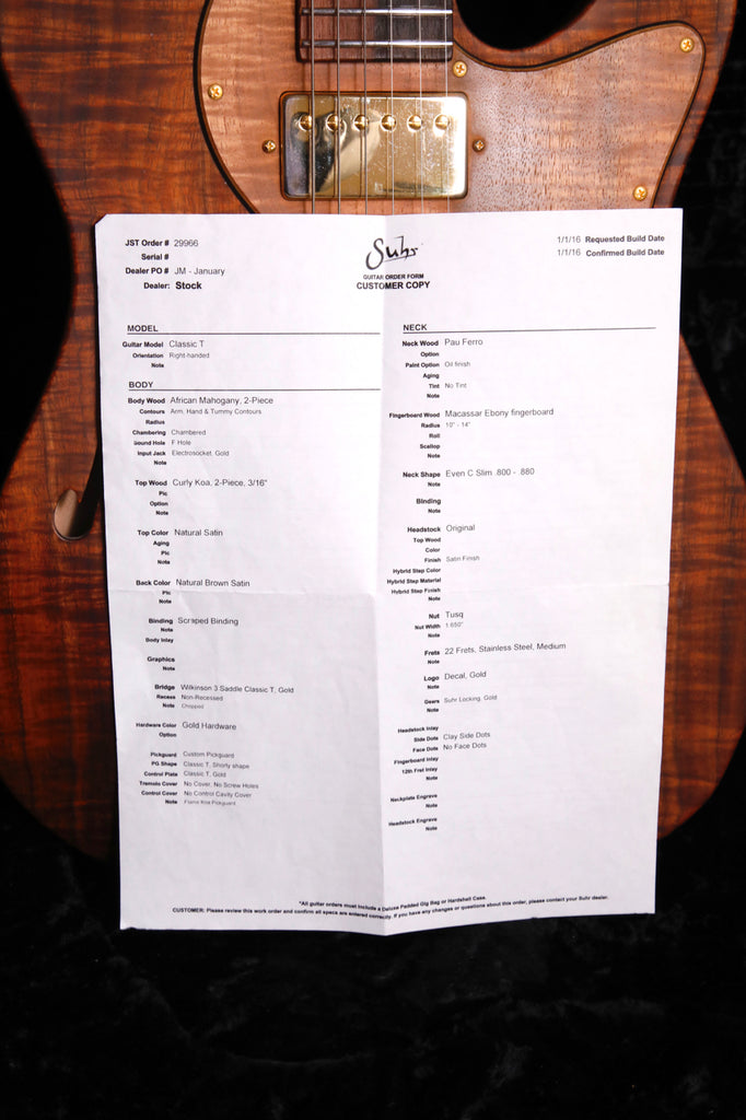 Suhr Custom Classic T Thinline Koa Top Electric Guitar Pre-Owned
