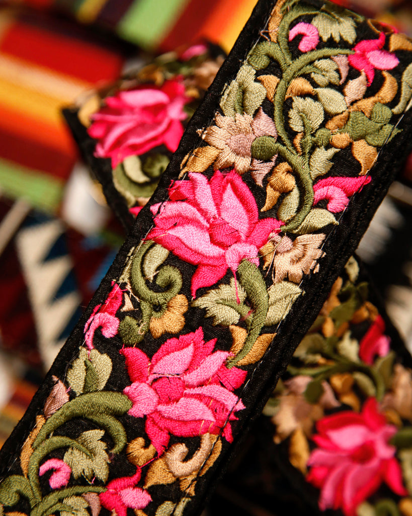 The Wolfmeister Embroidered Strap - Black/Pink Flowers