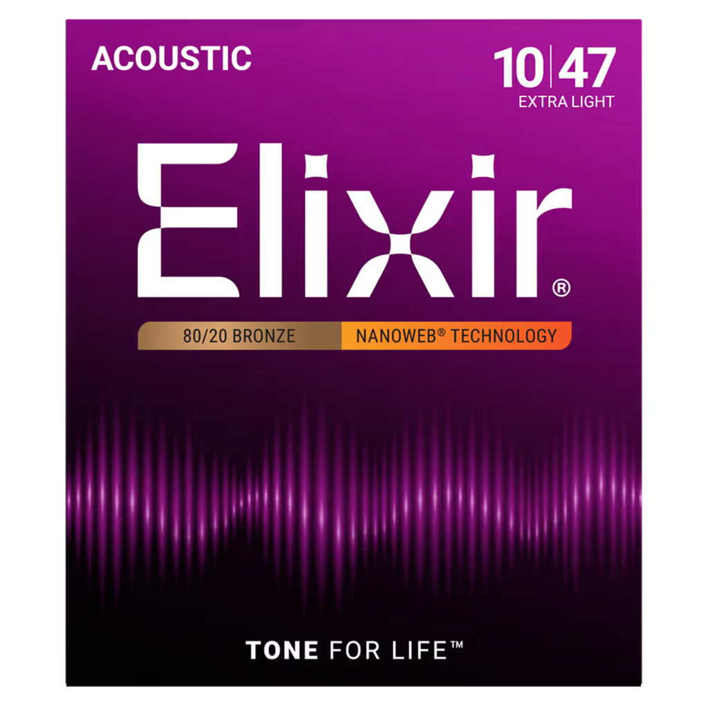 Elixir Nanoweb 10-47 Coated 80/20 Bronze Acoustic Guitar Strings Extra Light