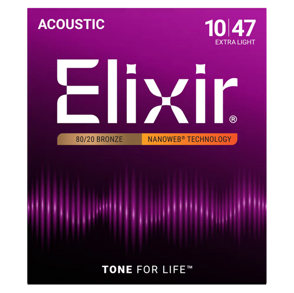Elixir Nanoweb 10-47 Coated 80/20 Bronze Acoustic Guitar Strings Extra Light