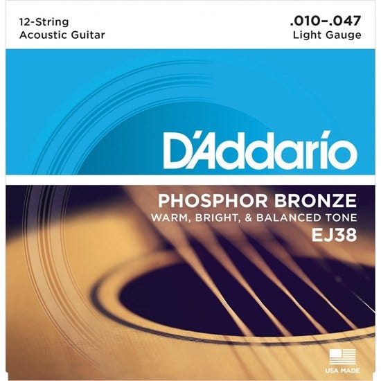 D'Addario 10-47 EJ38 12-String Phosphor Bronze Acoustic Guitar Strings Light Gauge