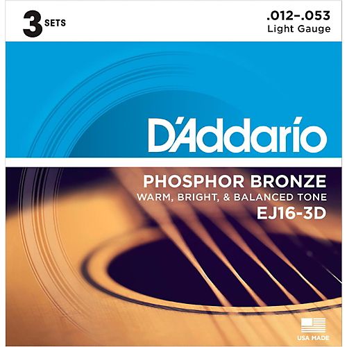 D'Addario 3 Pack EJ Phosphor Bronze Acoustic Guitar Strings EJ16-3D Light 12-53