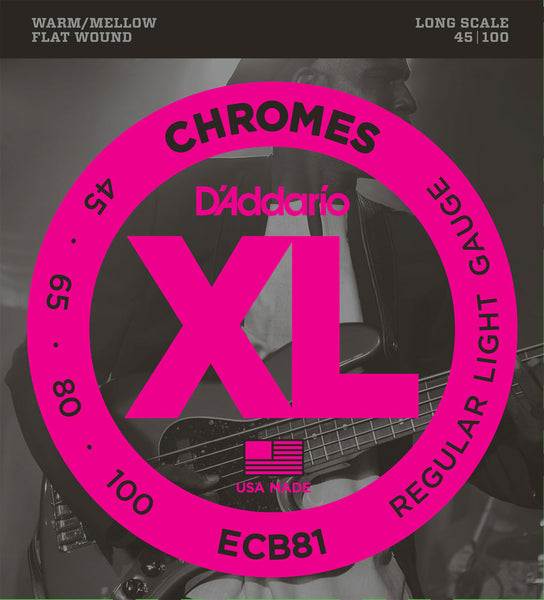D'Addario ECB81 Long Scale Chromes Flat Wound Electric Bass Strings Regular Light 45-100