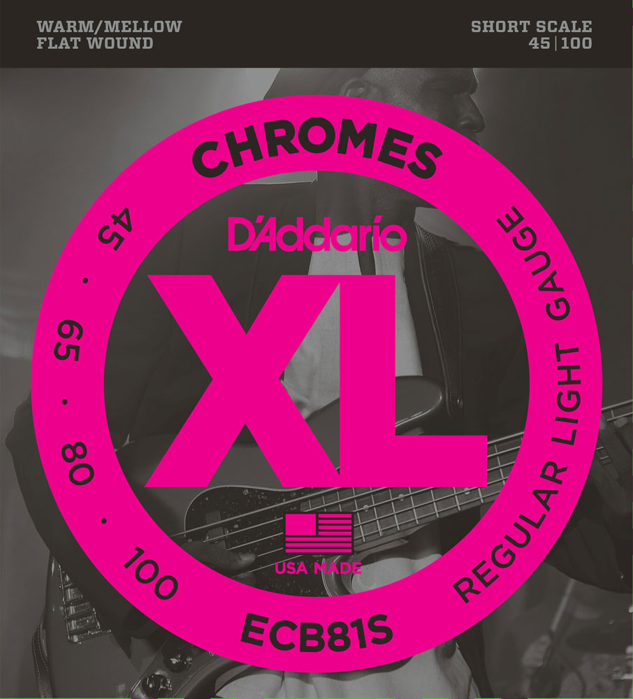 D'Addario ECB81S Short Scale Chromes Flat Wound Electric Bass Strings Regular Light 45-100