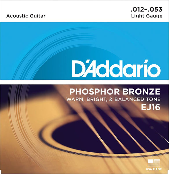 D'Addario 12-53 EJ Phosphor Bronze Acoustic Guitar Strings EJ16 Light