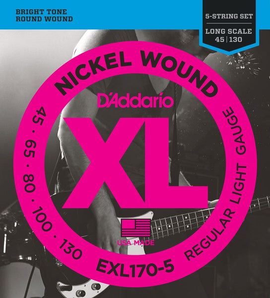 D'Addario XL Nickel Wound Electric 5-String Bass Guitar Strings EXL170-5 Long 45-130