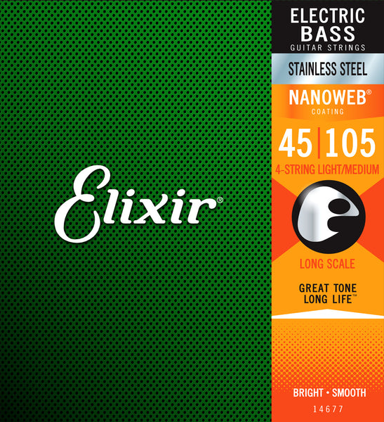 Elixir 45-105 Stainless Steel Nanoweb Coated 4 String Bass Strings Light Medium Long Scale