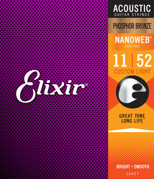 Elixir Nanoweb 11-52 Coated Phosphor Bronze Acoustic Guitar Strings Custom Light