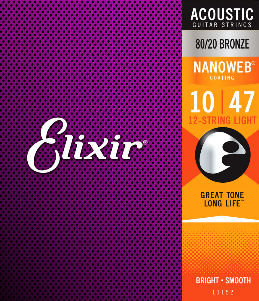 Elixir 10-47 Nanoweb Coated 80/20 Bronze 12 Twelve String Acoustic Guitar Strings Light 11152