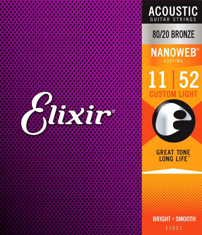 Elixir Nanoweb 11-52 Coated 80/20 Bronze Acoustic Guitar Strings Custom Light