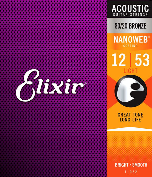 Elixir Nanoweb 12-53 Coated 80/20 Bronze Acoustic Guitar Strings Light
